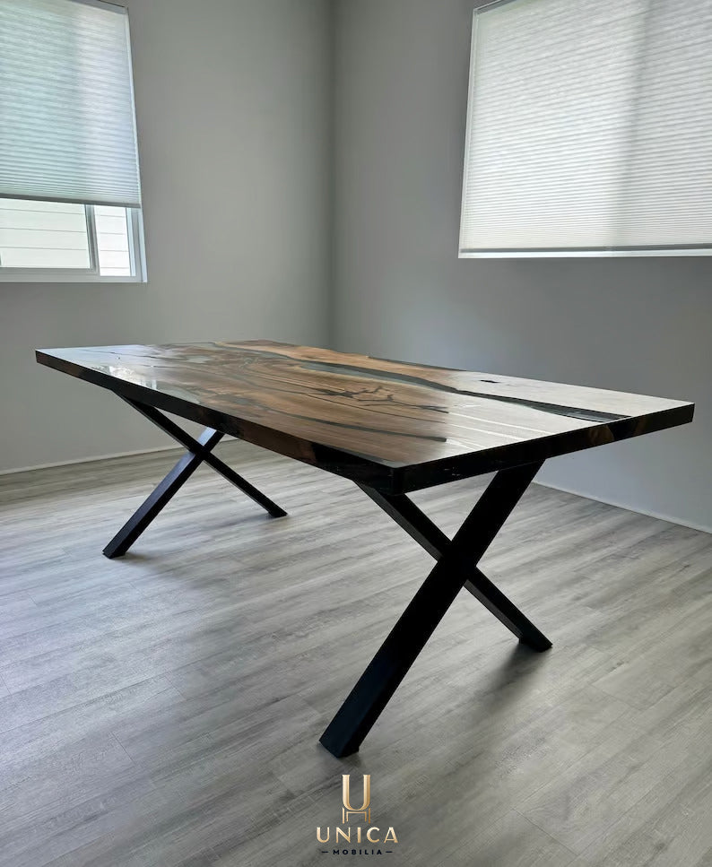 Custom Order Clear Epoxy Dinner Table, 200x100 cm Epoxy Resin Walnut Dining Table, Resin Walnut Dinner Table