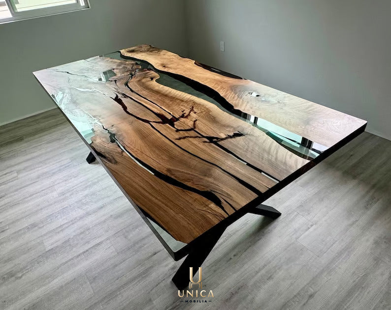 Custom Order Clear Epoxy Dinner Table, 200x100 cm Epoxy Resin Walnut Dining Table, Resin Walnut Dinner Table