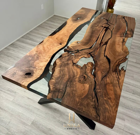 Custom Order Clear Epoxy Dinner Table, 200x100 cm Epoxy Resin Walnut Dining Table, Resin Walnut Dinner Table