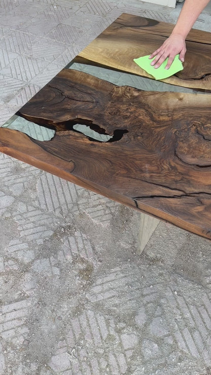 Custom Order Clear Epoxy Dinner Table, 200x100 cm Epoxy Resin Walnut Dining Table, Resin Walnut Dinner Table