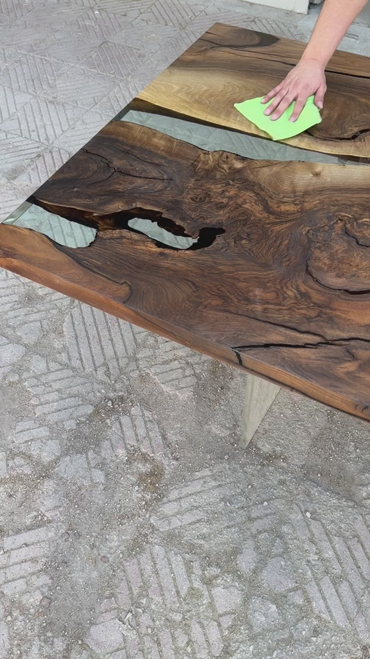 Custom Order Clear Epoxy Dinner Table, 200x100 cm Epoxy Resin Walnut Dining Table, Resin Walnut Dinner Table